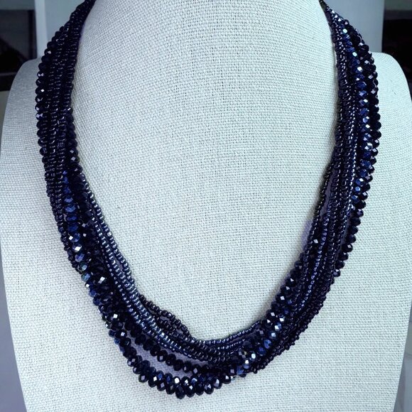 Dark Navy Black'ish Multi Strand Small Glass Beads Necklace Sparkly Prom Wedding - Picture 1 of 6